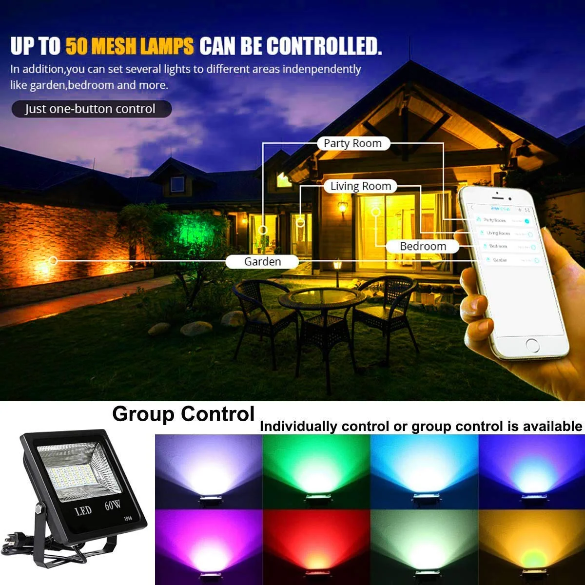 
Remote control new product 60W smart led wifi flood light outdoor app control mesh garden flood light 