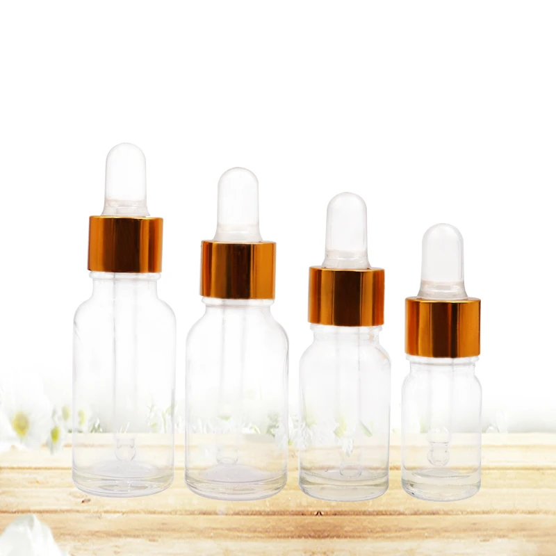 Round Clear 5ml 10ml 15ml 20ml 30ml 50ml 100ml Glass Cosmetic Serum Dropper Bottle With Gold Lid
