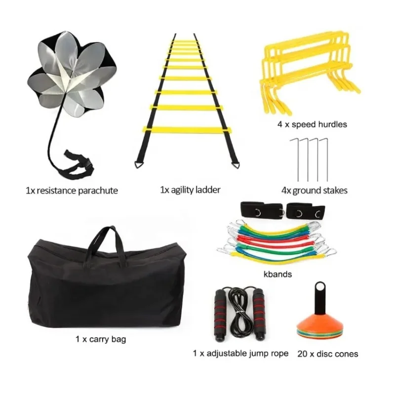 Jump Rope Running Parachute Ladder Resistance Tubes Hurdles Soccer Marker Dish Speed Agility Training Kit Set With Bag