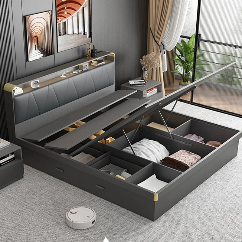 Foshan BedroomFurniture Wooden Bed Frame with Storage Double Queen Bed Frame With Drawers and LED Light