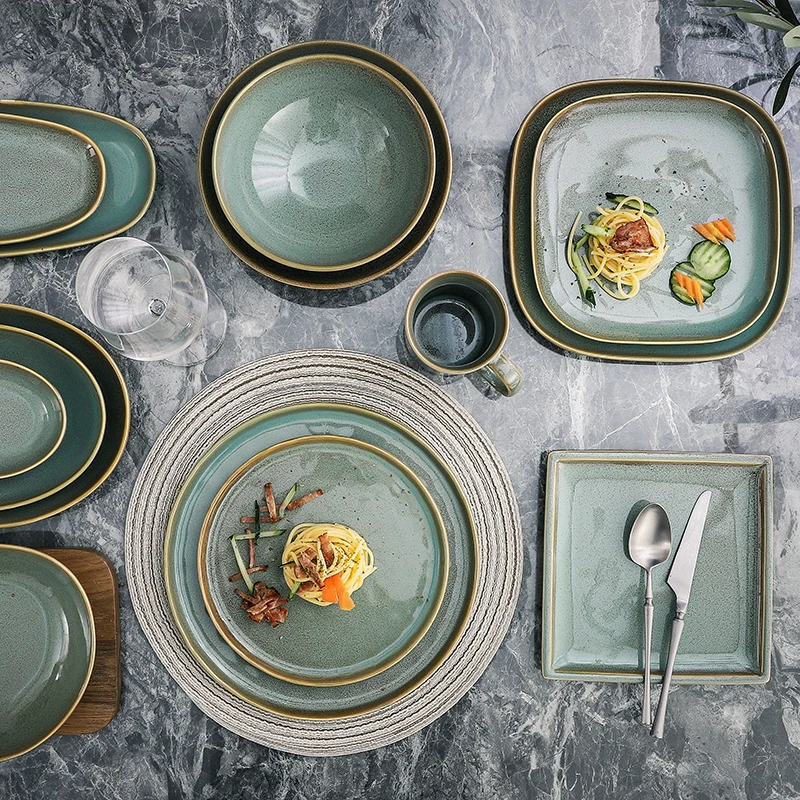 Роскошная королевская посуда Horeca Западный кофейный чайный сервиз наборы посуды реактивный зеленый глазурованный роскошный фарфоровый обеденный набор