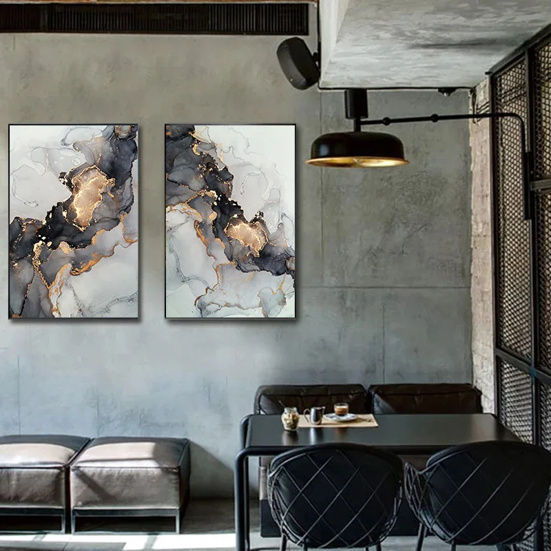 Modern Abstract Black Gold Marble Painting Fine Art Canvas Prints Pictures For Living Room Luxury Wall Art Decor