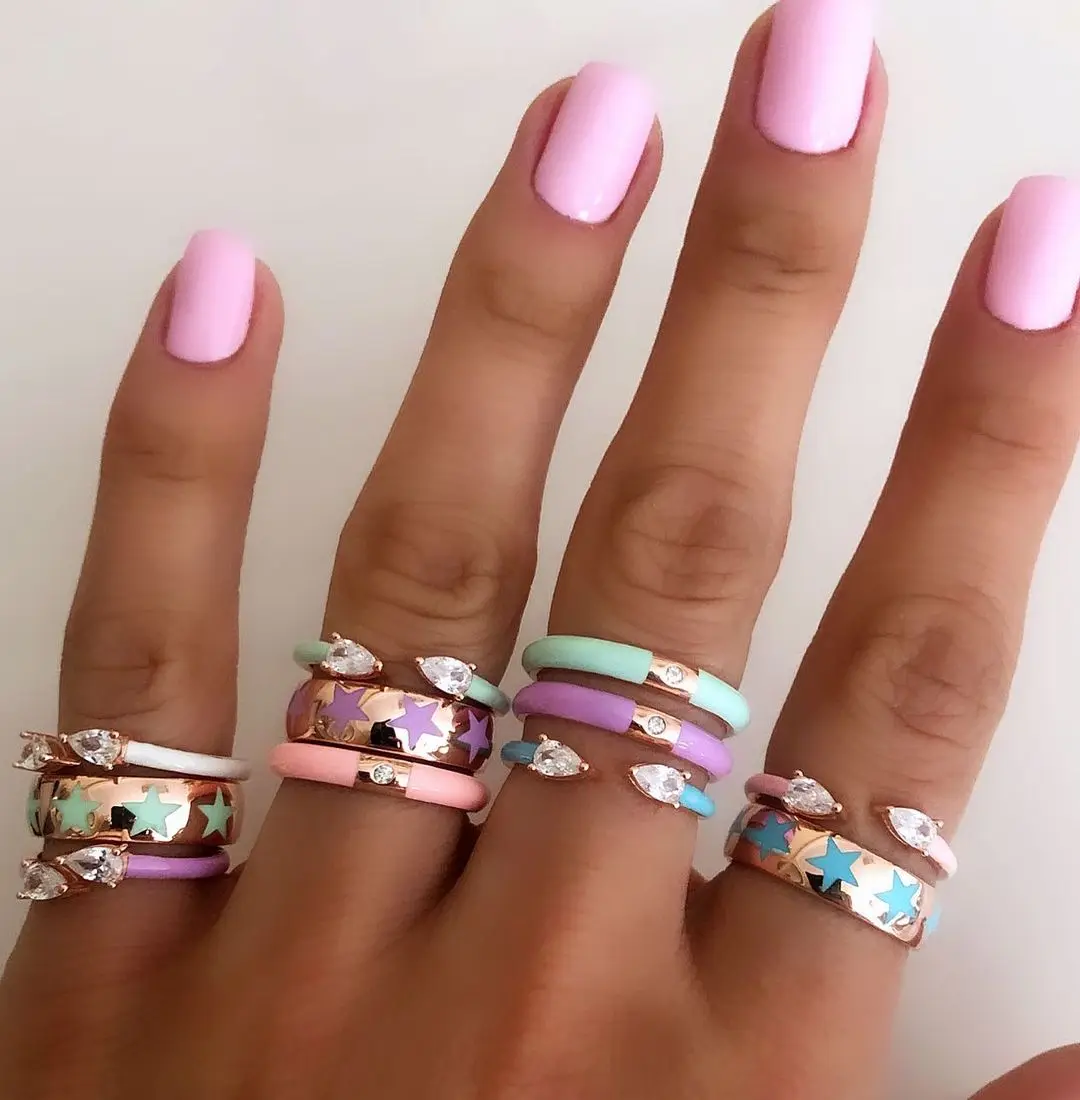 Fashion Gold Plated Colorful Double Tear Drop White Fire Opal Gem Stone Jewelry Women 5 colors Neon Enamel Cz Open Adjusted Ring