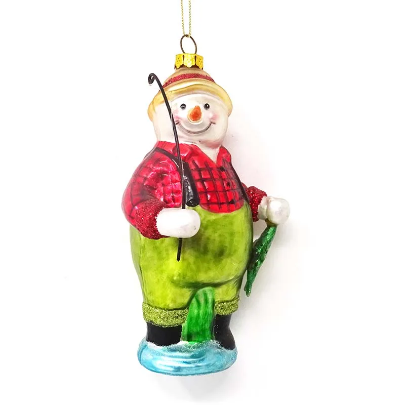 Factory unique glass christmas ornament cute red shirt snowman fishing decoration