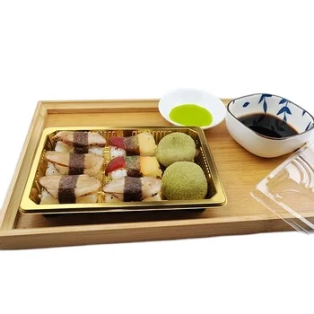 Custom Plastic Blister Anti Fog Lid Shallow Circle Gold Take Out To Go Disposable Sushi Pet Plates Dishes Set For Restaurant