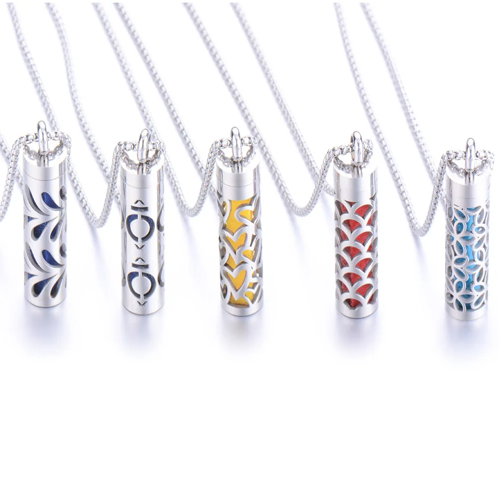 Perfume Necklace Cylindrical Stainless Steel Diffuser Essential Oil Pendant Vintage Hollow Out Locket Perfume Bottle Necklace