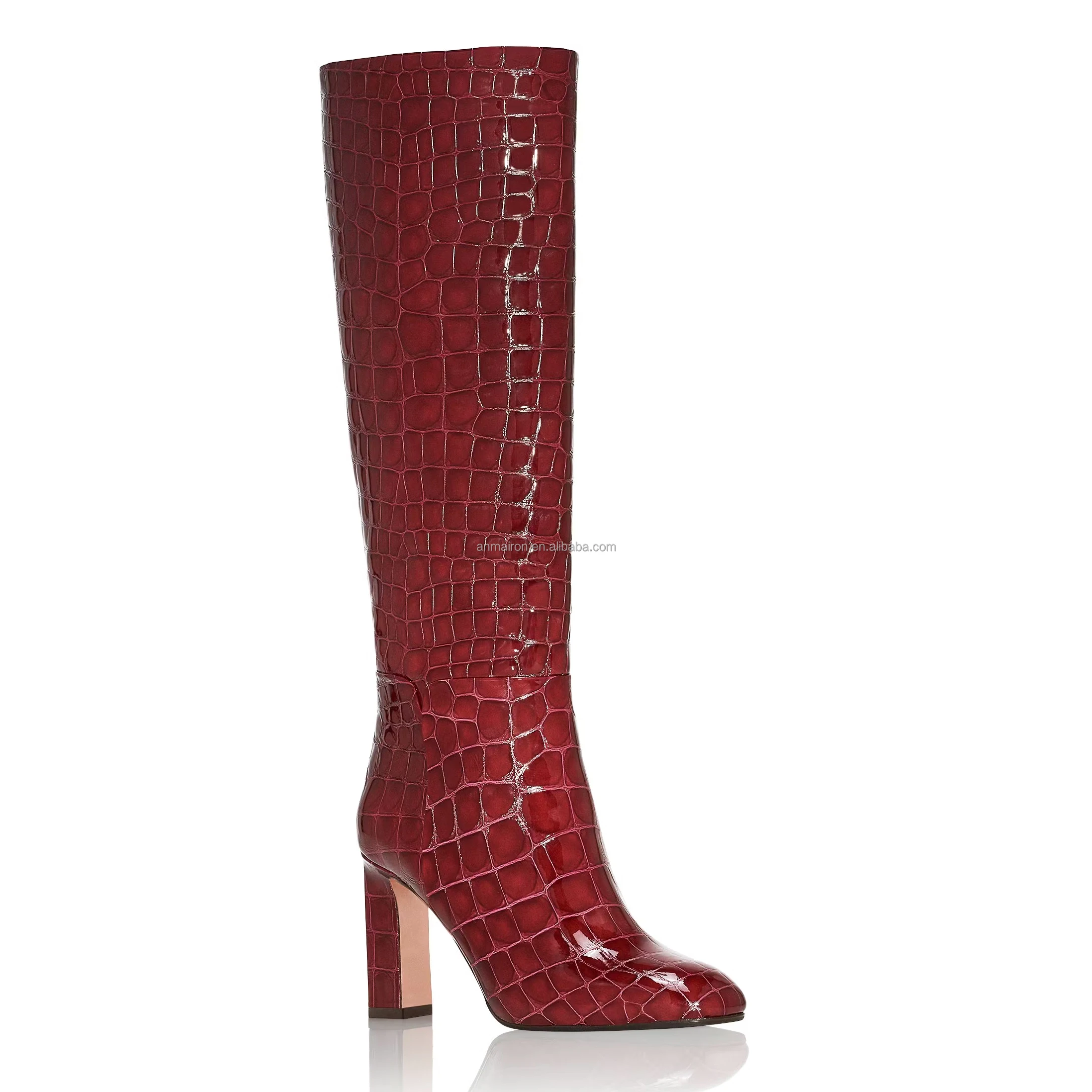 Anmairon new arrival red shiny PU knee high heel chunky heel women boots