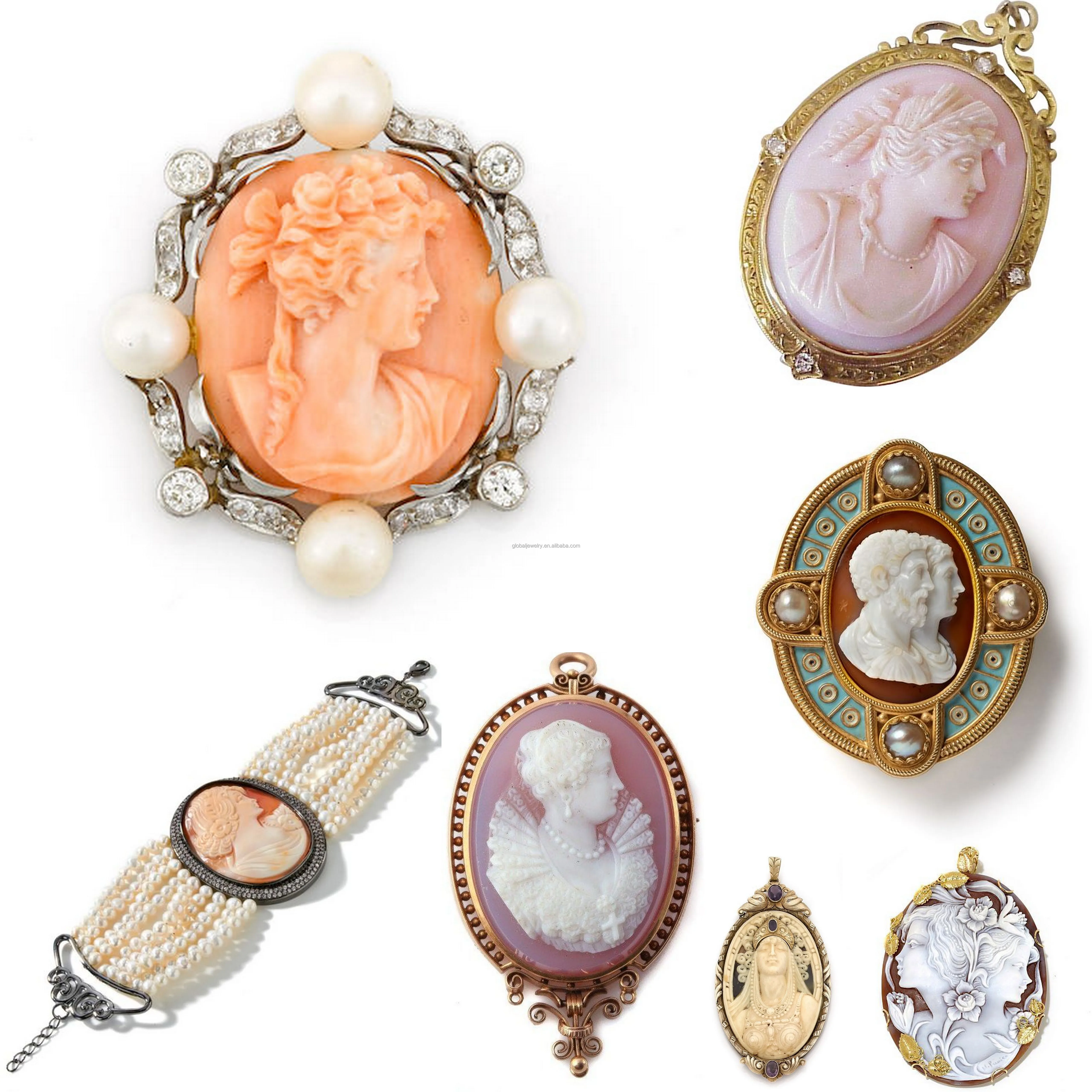 Factory Direct High Quality Customized Oval Shape Portrait Rhinestone Vintage Shell Cameo Pendant Brooch