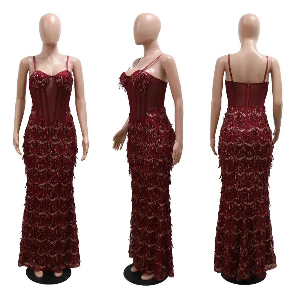 Sequin Wedding Gown Mesh Sheer See Through Spaghetti Strap Sling Suspendor Sequin Tassel Floor Length Evening Dress for Women