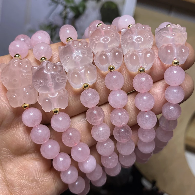 Bulk Wholesale Multi Natural Gemstone Crystal Kitty Bracelet Spiritual Healing Rose Quartz Hello Kitty Crystal Bracelets
