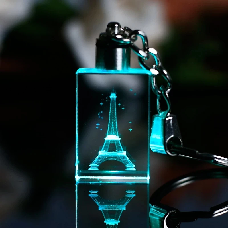 Hot Sale Creative Glow Keychain 2021 Fashion Colorful Fairy Tower Pattern Cube Shape Rhinestone clear Crystal LED Light Keyring