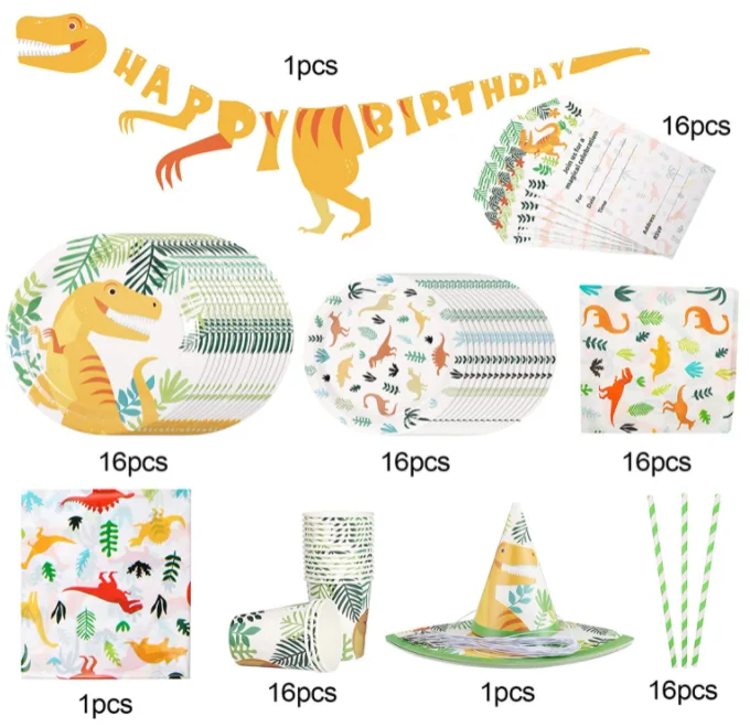 Dinosaur Boy Birthday Party Disposable tableware set Paper Plates Napkins Cups hats boxes Tablecloth card cupcakes toppers flags