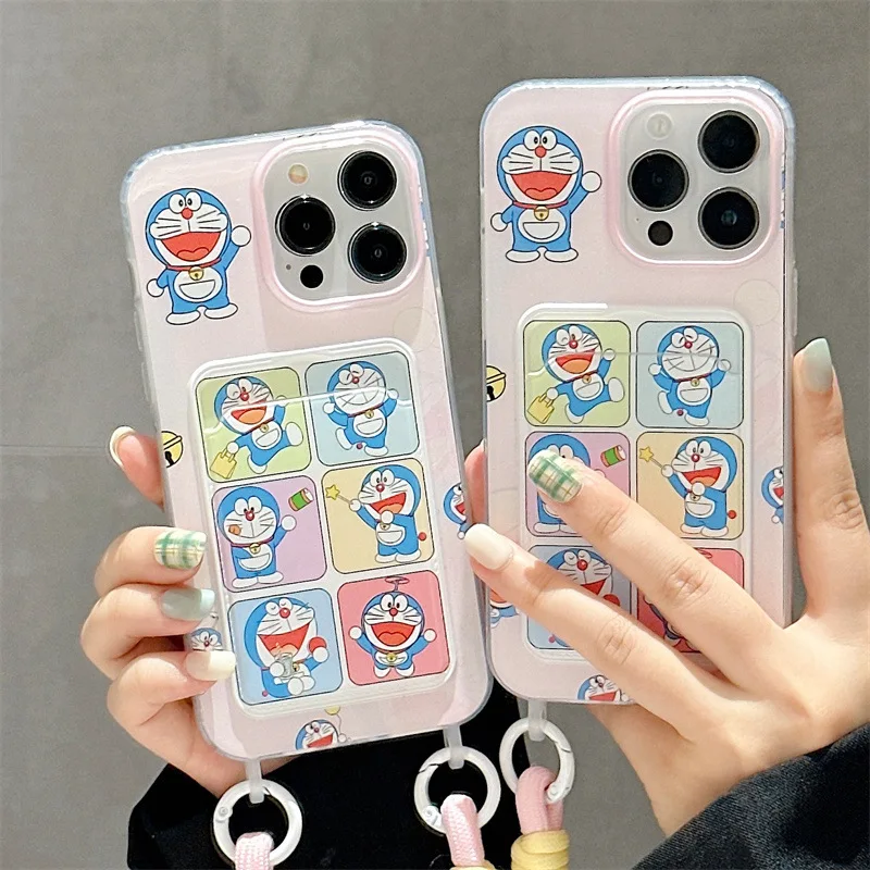 UV Printing Cartoon Cute Doraemon Phone Cases For iPhone 11 12 13 14 15 16 Pro Max Phone Covers With Card Holder Lanyard Custom
