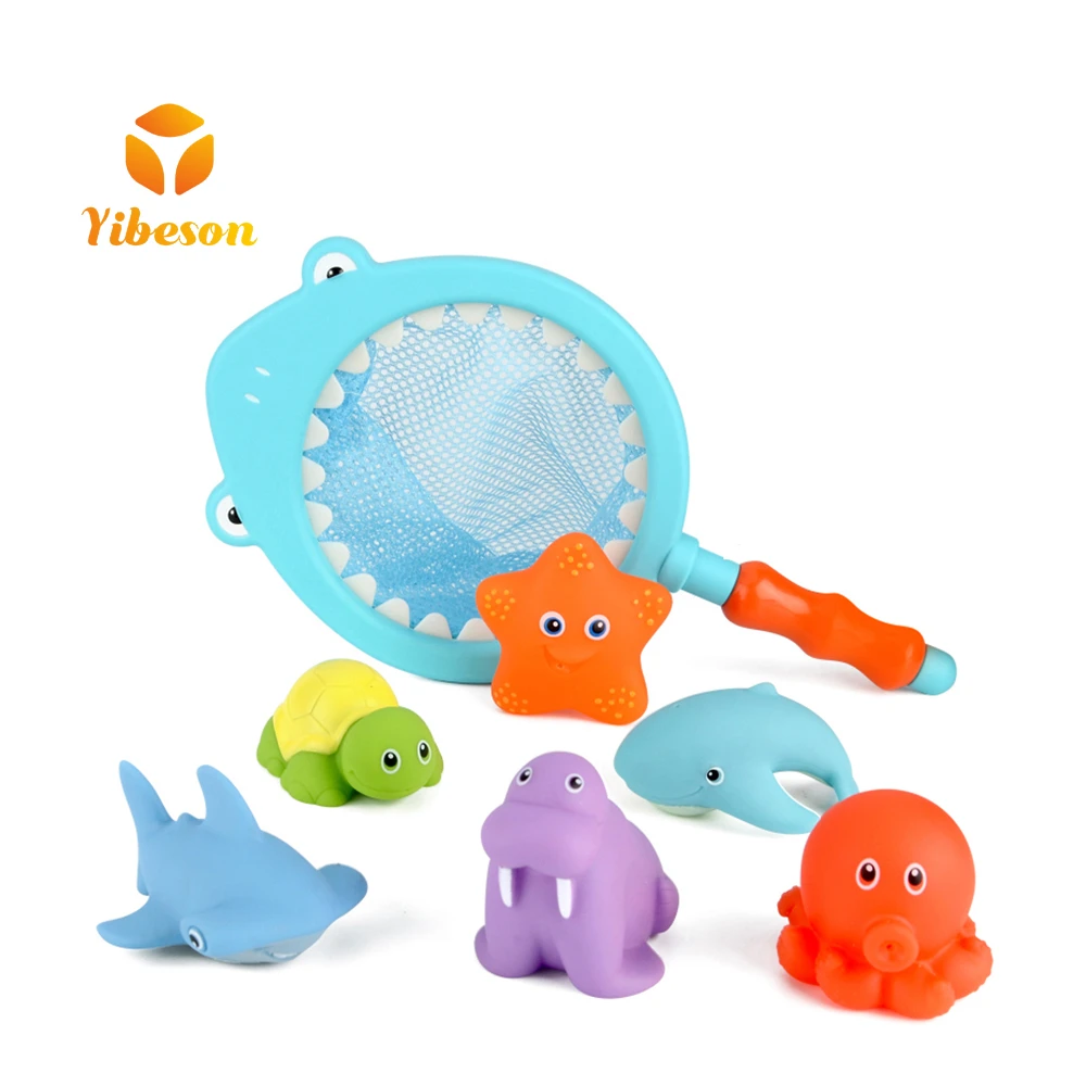 Children 7pcs Deep Fishing Game Bathtub Hook Catch Dolphin Shark Squirting Water Rubber Animal Bath Toy Organizer Scoop With Net