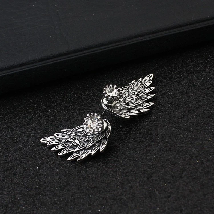 Korean boho fashion vintage christmas angel wings feathers diamond crystal rhinestone wedding jewelry stud earrings for women