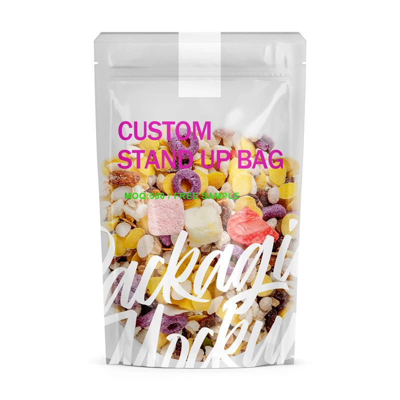 Custom Printed Doypack Resealable Zip Lock Brown Plastic Standing Up Pouches Packaging Bags With Clear Window And Zipper