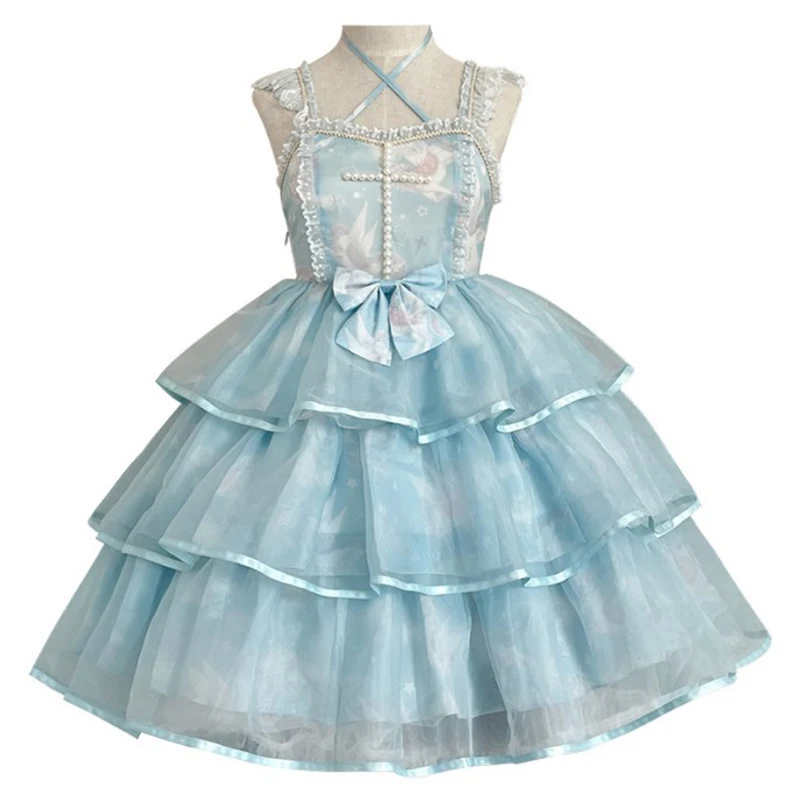 Summer soulier vintage casual JSK Women Skirt Costumes cake organza blue rhinestones girl lolita dress uniforms