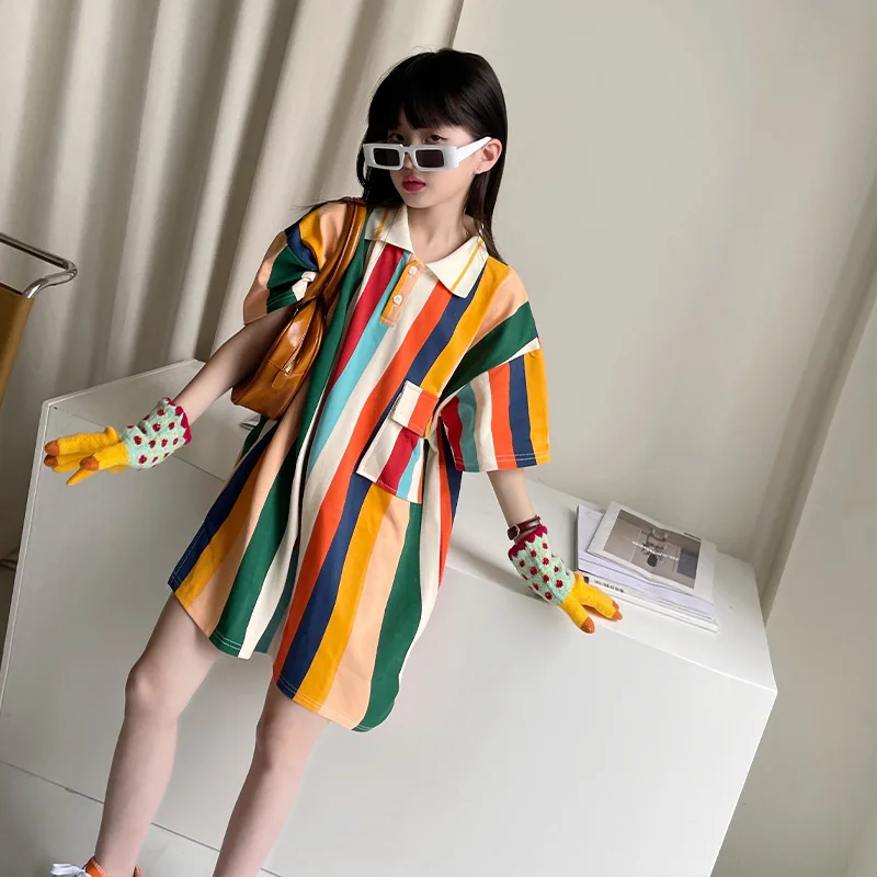 2022 New Fashion Children Girl Colorful Striped Sport Casual Dress 5-15 Years