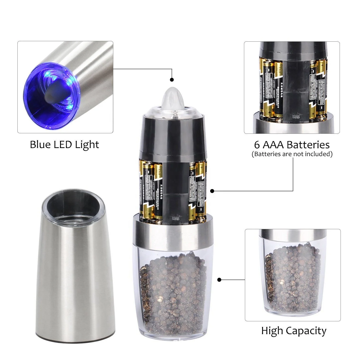 One Hand Operation Stainless Steel Spice Mill Automatic Gravity Induction Electric Salt And Pepper Grinder With Blue Led Light