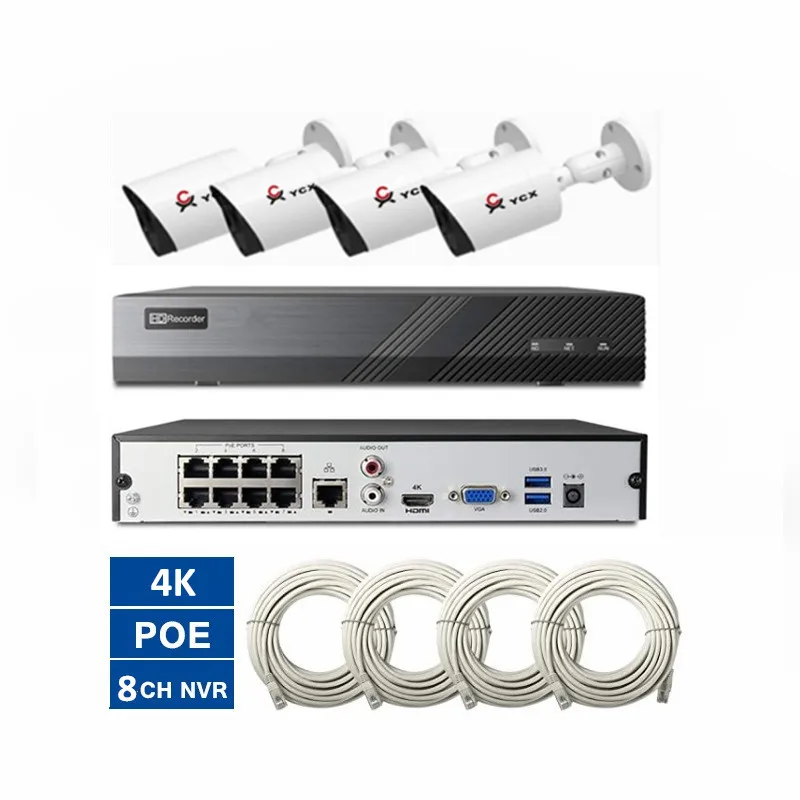  Камера видеонаблюдения H.265 + 8 Мп каналов 4K POE NVR 4 наружных водонепроницаемых цилиндрических IP-камеры P2P Облачное Обнаружение