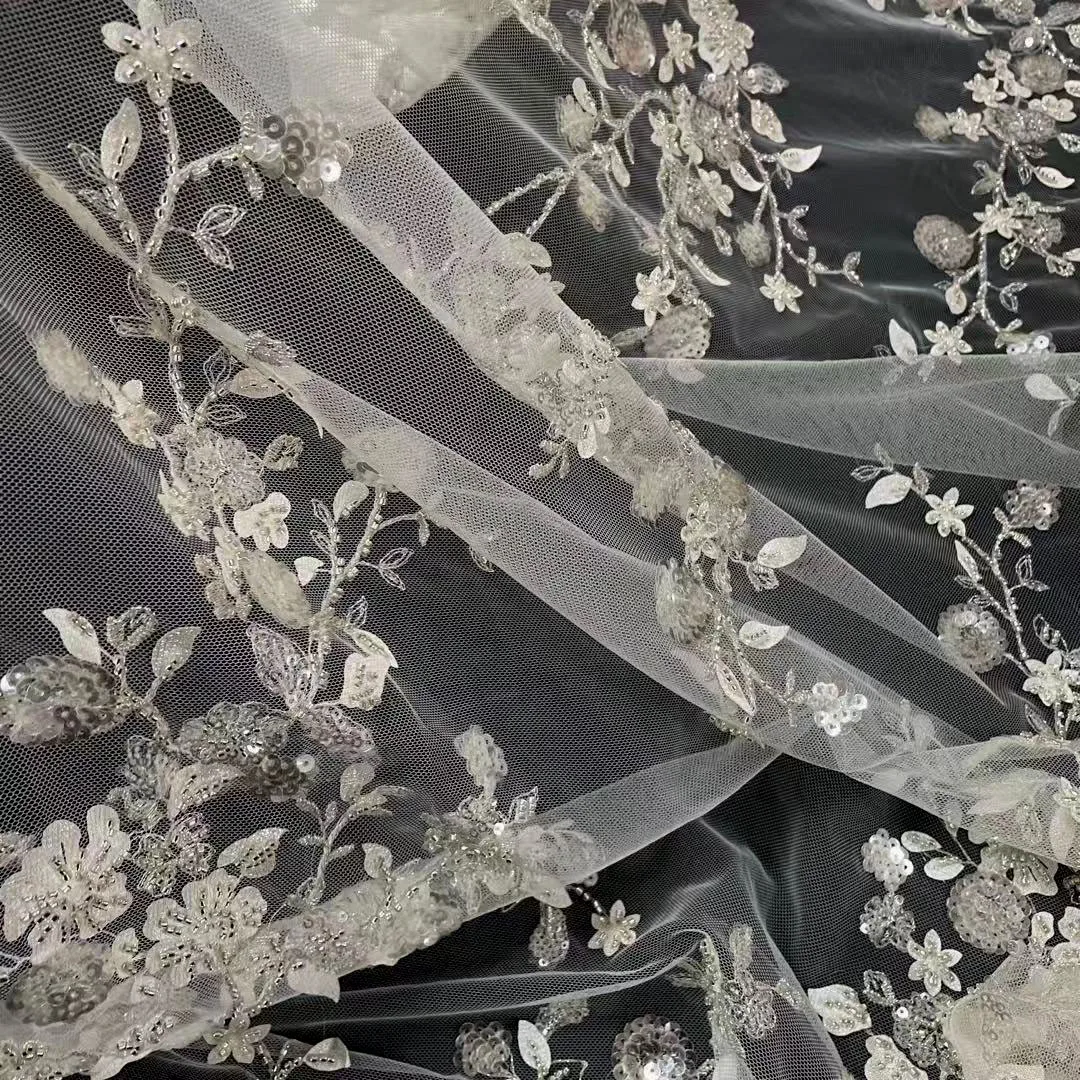 
Floral 3d laser-cut embroidery high grade sequins mixed mesh hand beaded fabric for bridal wedding dress 