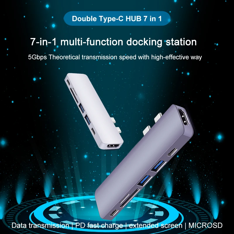 Мульти-порты Mac Dongle с 4K Thunderbolt 3 7 в 1 USB C Hub до SD TF Card адаптер для