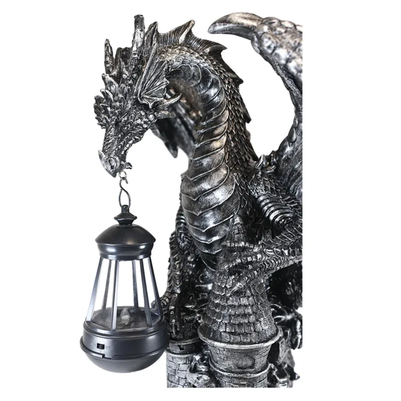 Polyresin fiberglass Dark Beacon Dragon Guardian of Styx Castle Gate Statue with Solar LED Light