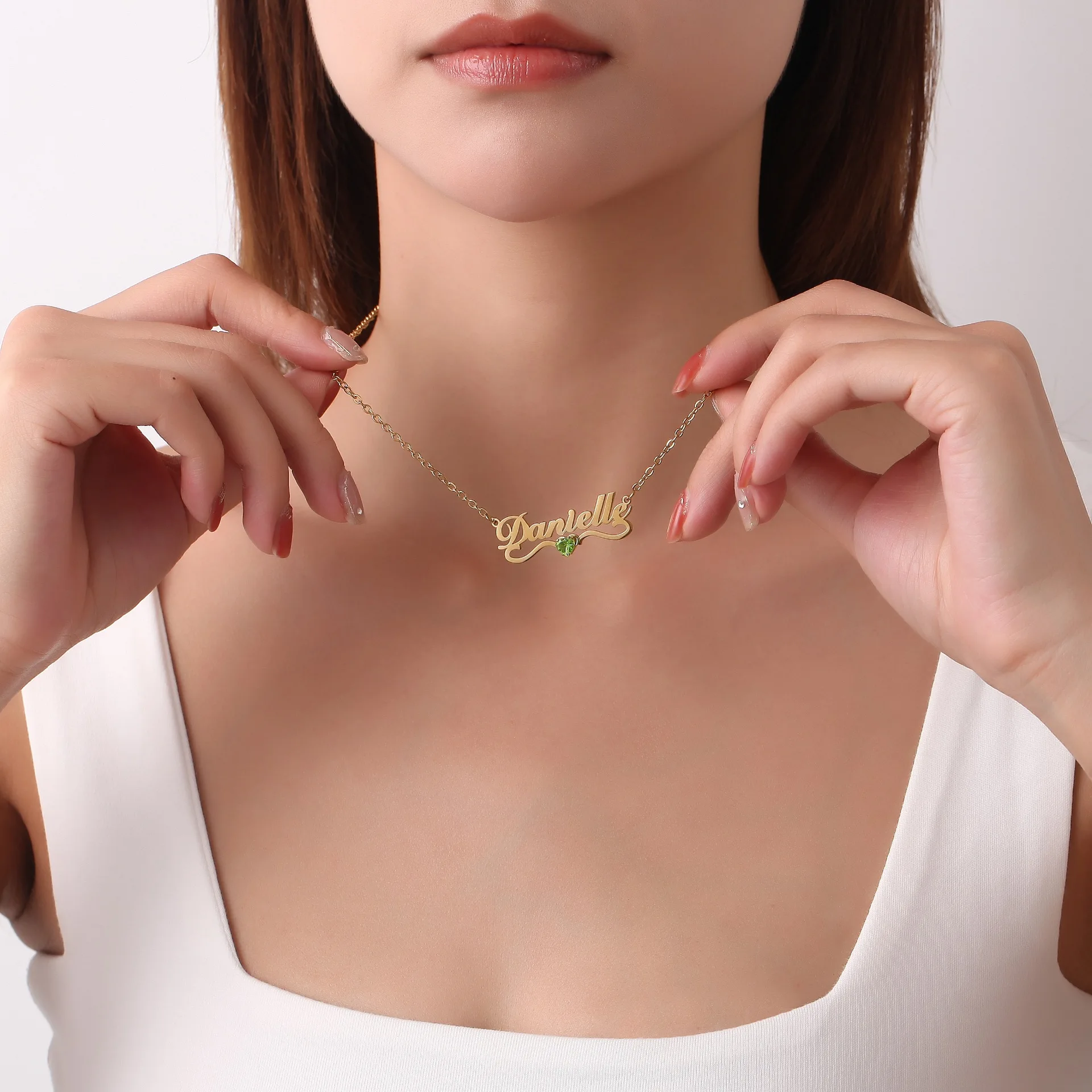 Duoying Love Birthday Stone Electroplated 18K Gold With Zircon Set Necklace Stainless Steel Custom Name Necklace