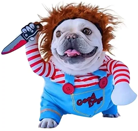 Chucky Deadly Pet Dog Costume Halloween Clothes Wig and Knife Novelty Funny Scary Props Outfit Apparel Accessories