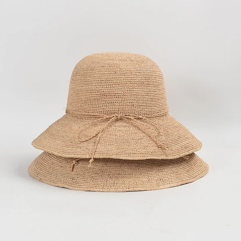Hand hook raffia bucket straw hat ladies casual foldable beach sunshade straw bucket hat vacation
