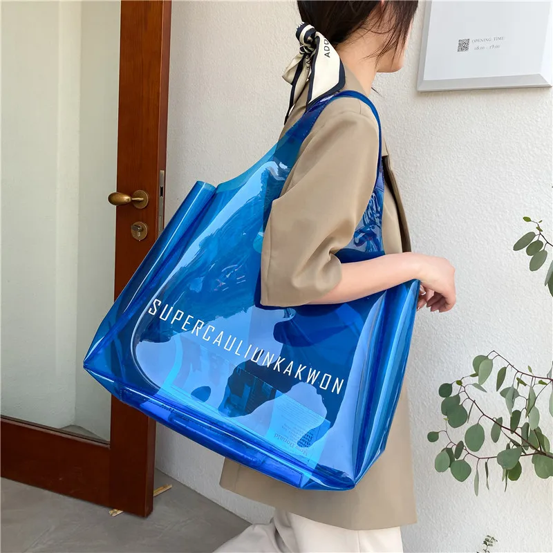 Custom logo large clear transparent bag jelly candy color beach gift PVC shopping tote bag transparent bag for women girls