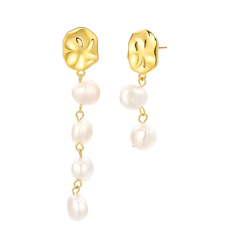 2022 Trendy Earrings 925 Sterling Silver Real Gold Plated Real Freshwater Baroque Double Pearl Earrings