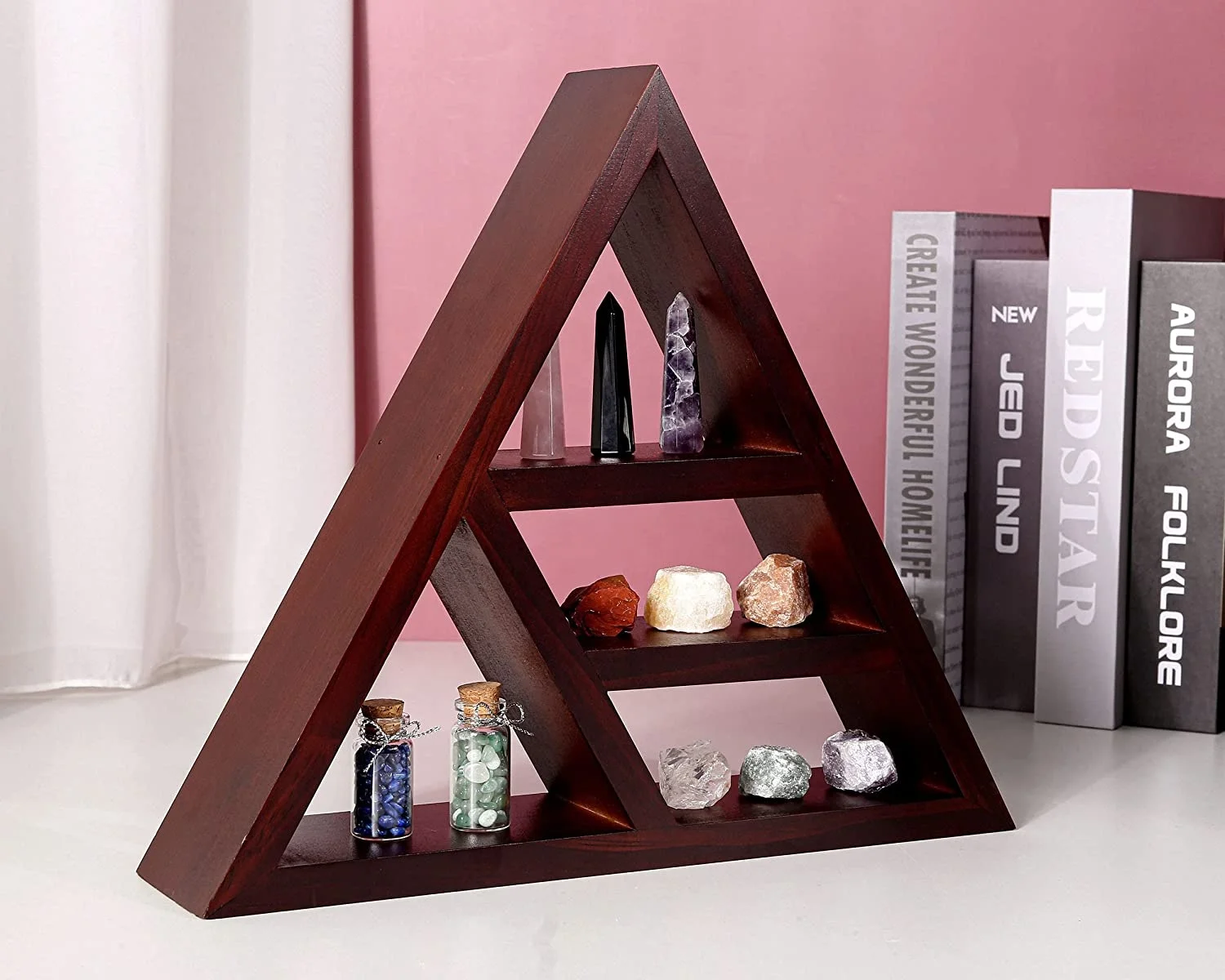 Triangle Shelf for Crystals, Crystal Display Shelf for Stones, Wooden Shelf for Wall Witchy Decor
