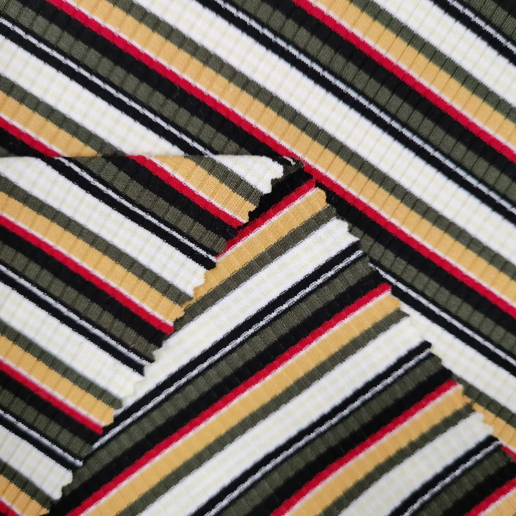Hot Sale Rayon Polyester Spandex Stripe Yarn Dyed Rib Fabric Fashion Woman 250gsm Knit Fabric for Dress