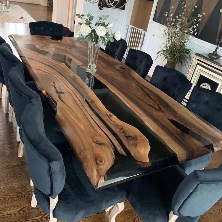 Factory Customize Special Design Restaurant Kitchen Furniture Walnut Wood Epoxy Resin Slab River Dining Table