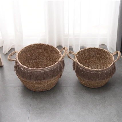 handmade natural large round flower water hyacinth seagrass straw woven laundry beach basket with handle