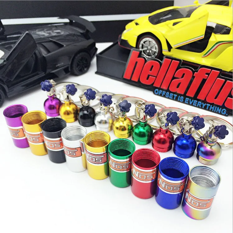 Hot selling nitrogen bottle keychain can be customized creative metal turbo cartoon NOS auto parts metal keychain