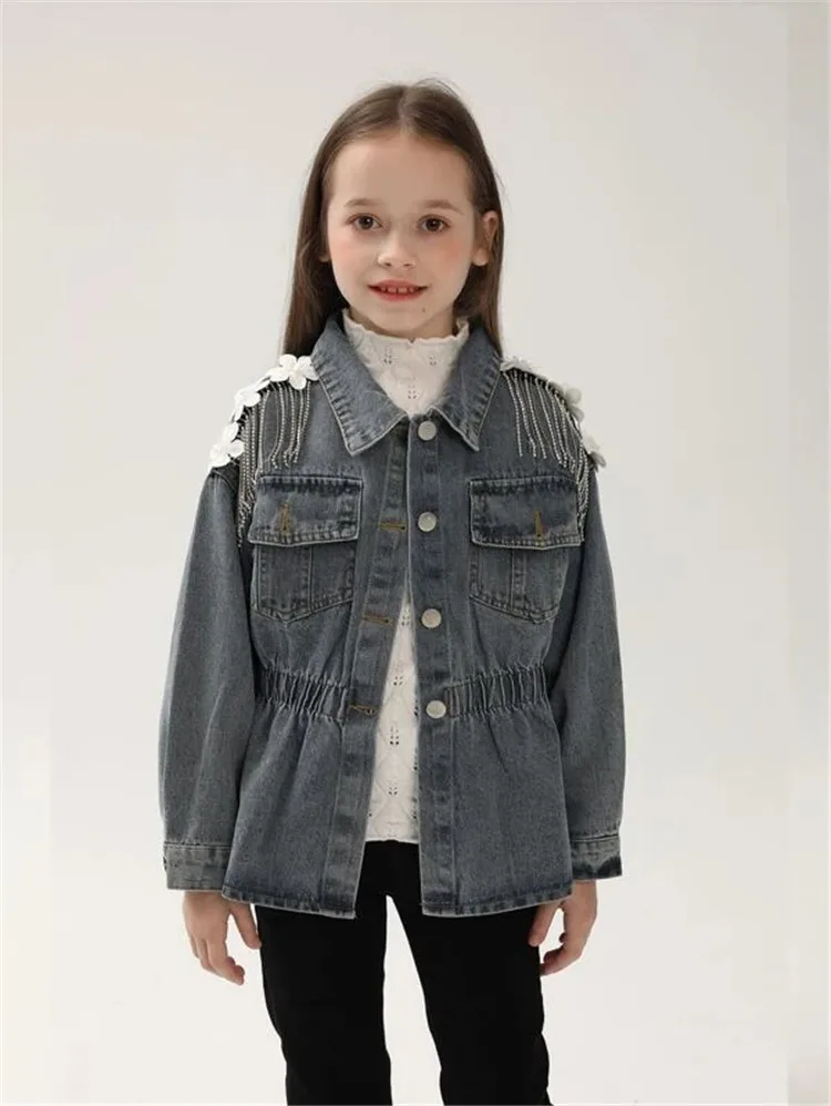 2022 Customized Girls Jackets Fashion Applique Rhinestone Tassel Trim Drop Shoulder Denim Jacket Girls Casual Jackets