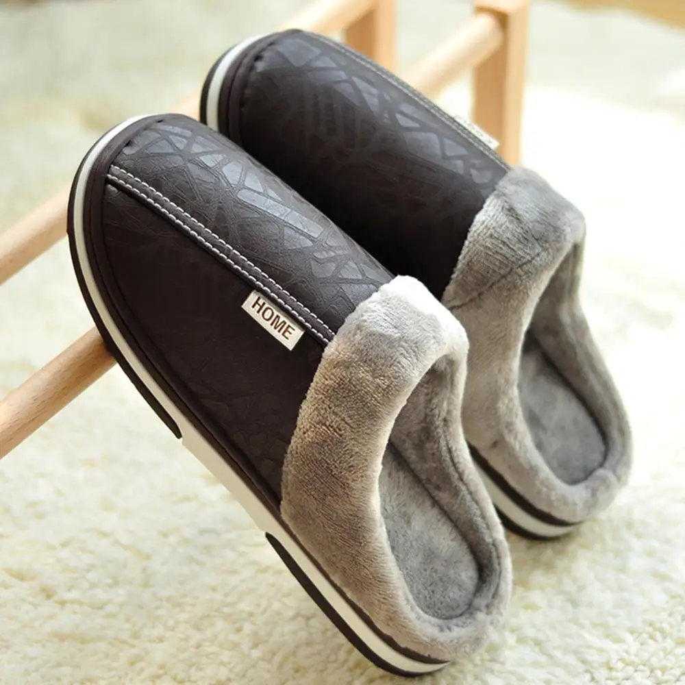 Unisex Leather Fabric Waterproof Indoor Outdoor Pu Plush House Cotton warm Women Winter Slipper