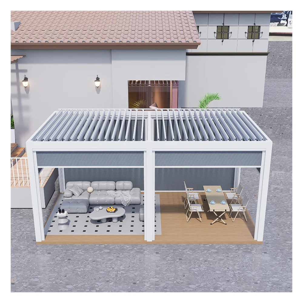 Automatic Electric Louvered Pergola Canopy Modern Design External Pergola Aluminium Outdoor With Motorized Roller Blinds