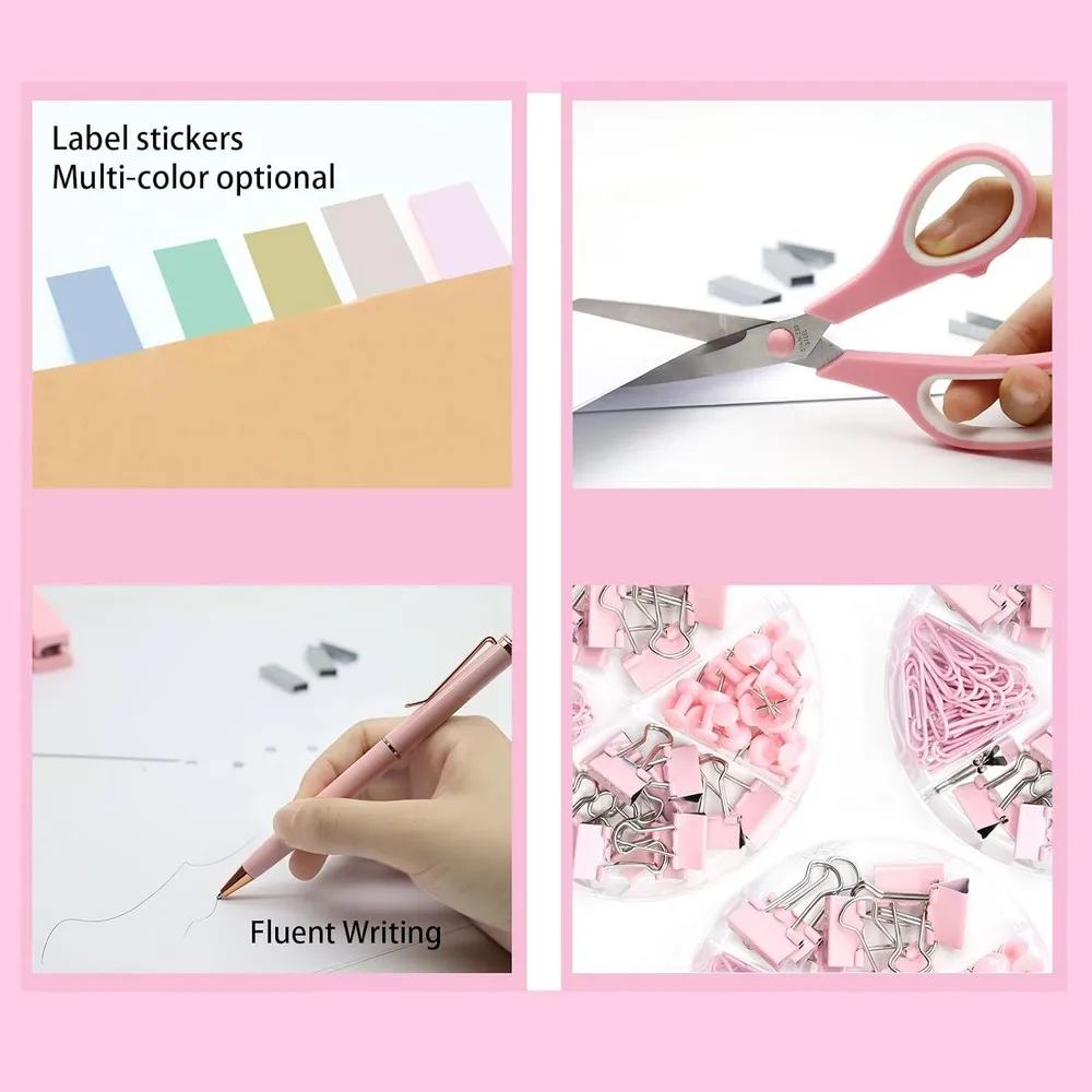 Pink Desk Accessories Staple Remover Paper Clips Scissor And Stapler Tape Dispenser Set For Students