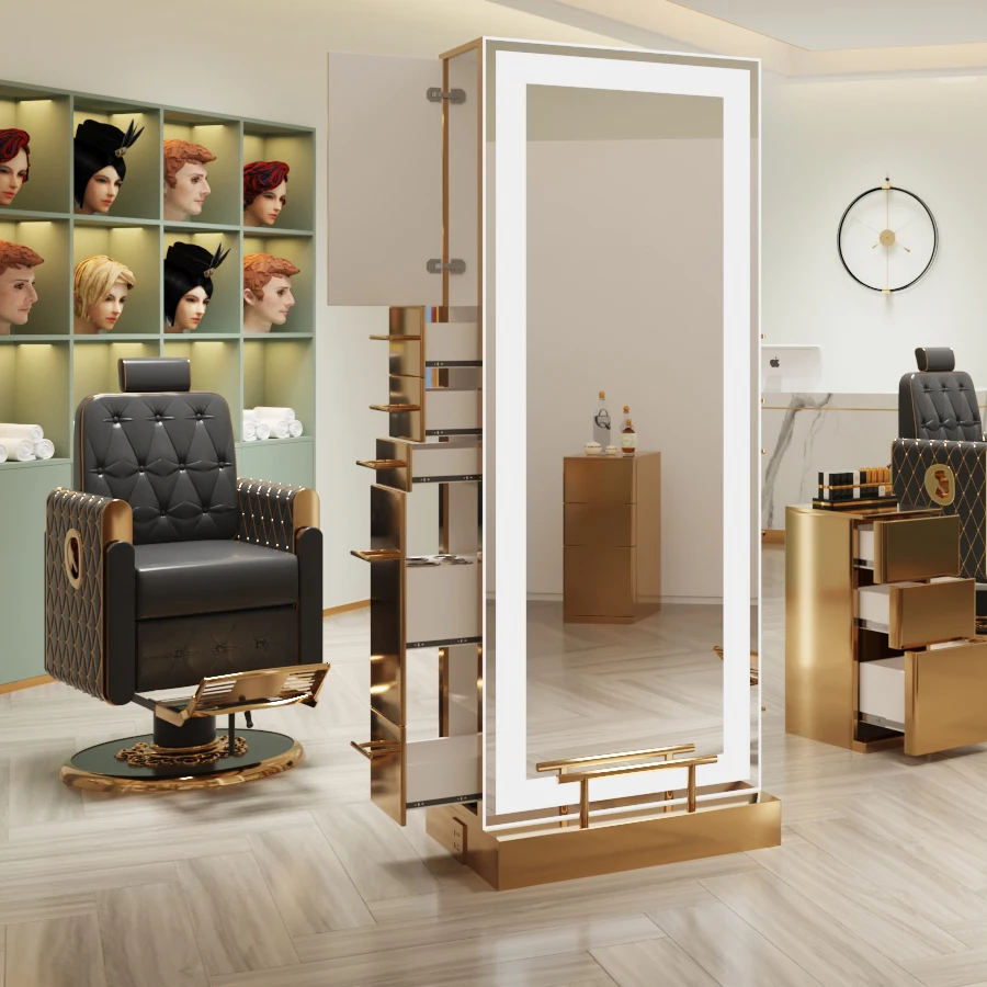 Luxury Gold Stainless Steel With LED Light Locker Double Sided Salon Barber Mirror Stand Customizable for Barber Shop