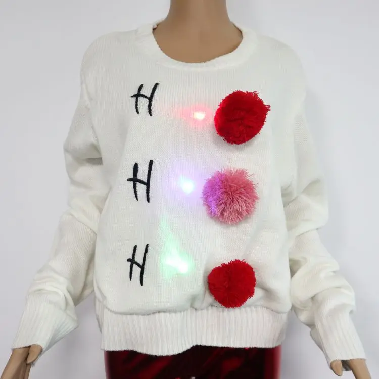 Led lights Ugly Christmas knit sweater  sequin embroidery Jacquard and winter   pullover with decorations of pompom , fur