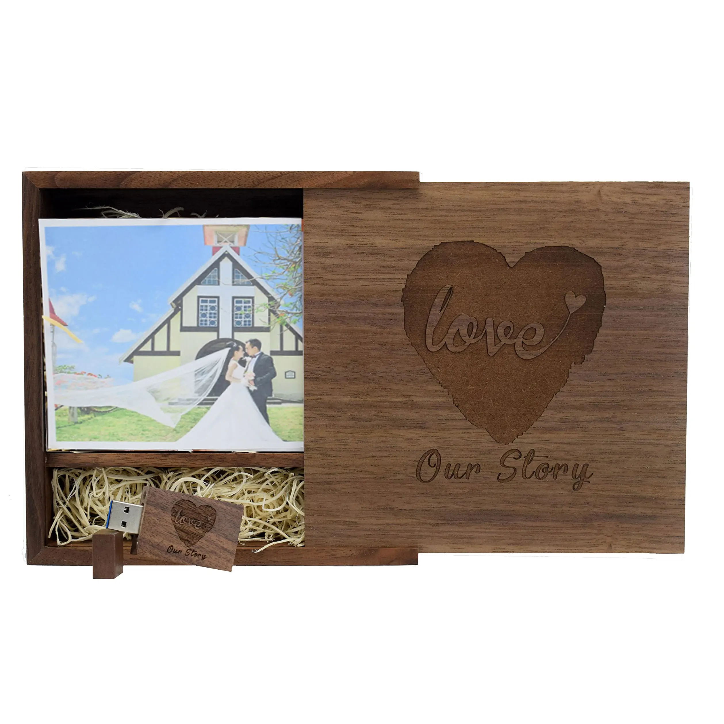 Laser Engraved Wooden Keepsake Card Box Sublimation Photoalbum Wooden Photo Box With Usb For Wedding