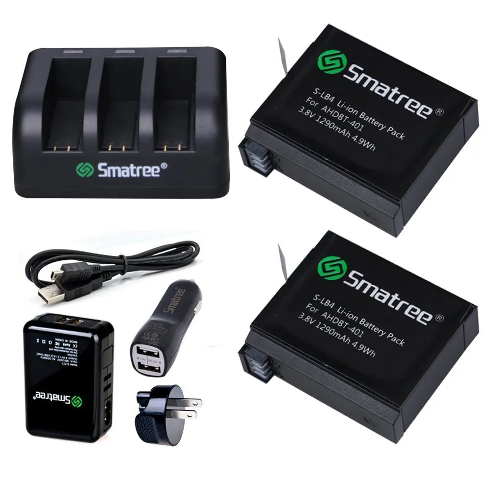 Smatree Replacement battery (2-Pack) /Accessories Charger Battery for GoPro Hero4 and 3-Channel charger  Kit