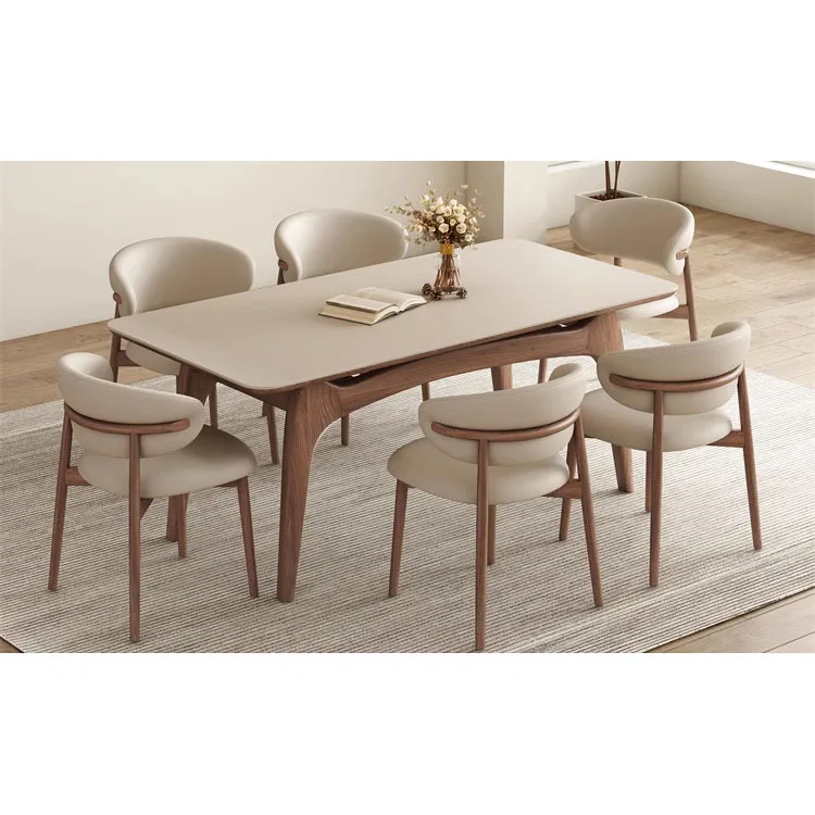 Northern Europe solid wood rock slate  table modern simple  rectangular imported white rock slate dining table set