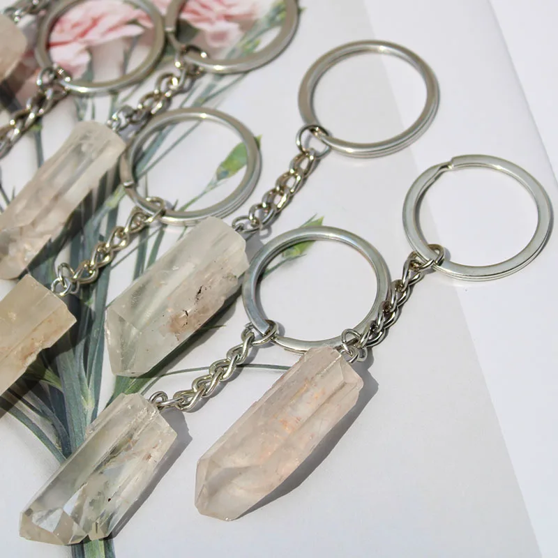 Wholesale Price Natural Gemstone Crystal Key Chain Healing Stone Rough Rock Quartz Crystal Point Keychain For Gift