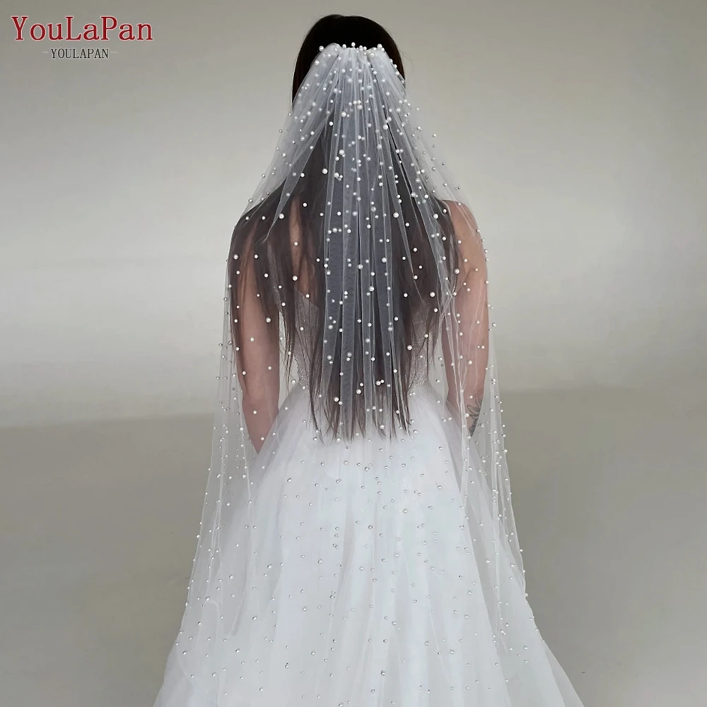 YouLaPan V09A High Quality Bridal Veil 3M Long Cathedral Pearl Veil Soft Nylon Tulle White Off-White Wedding Single Layer Veil