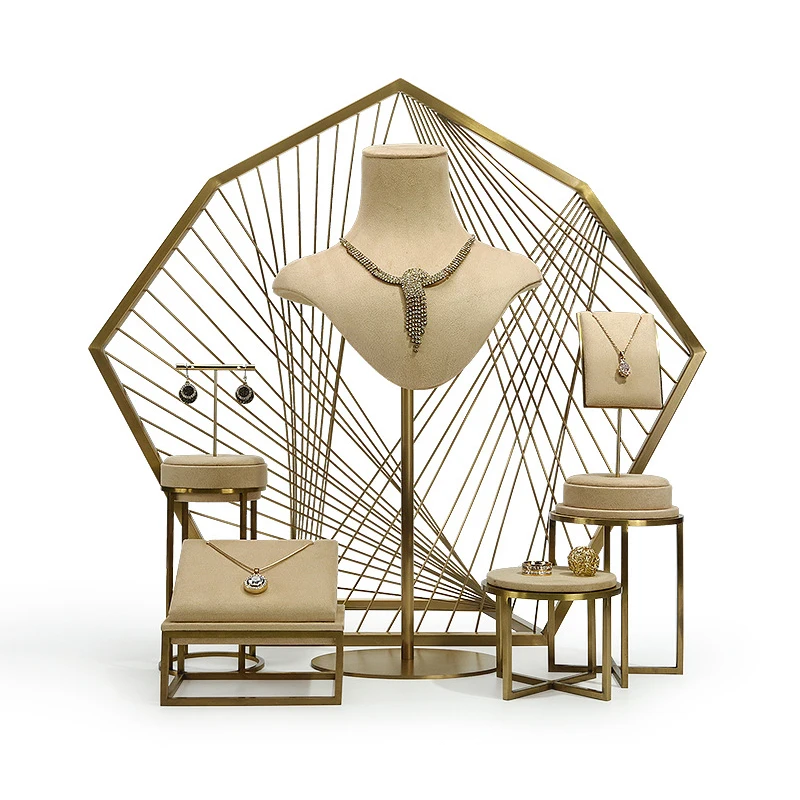 Beige Suede Show Window Store Counter Cabinet Bracelet Necklace Ring Metal Luxury Jewelry Display For Counter