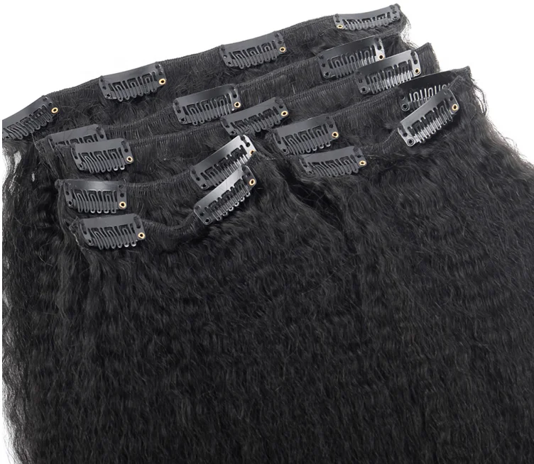 2018 New Product Unprocessed Black Kinky Straight Curly Clipin Human Hair Extensions For Black Women Brazilian